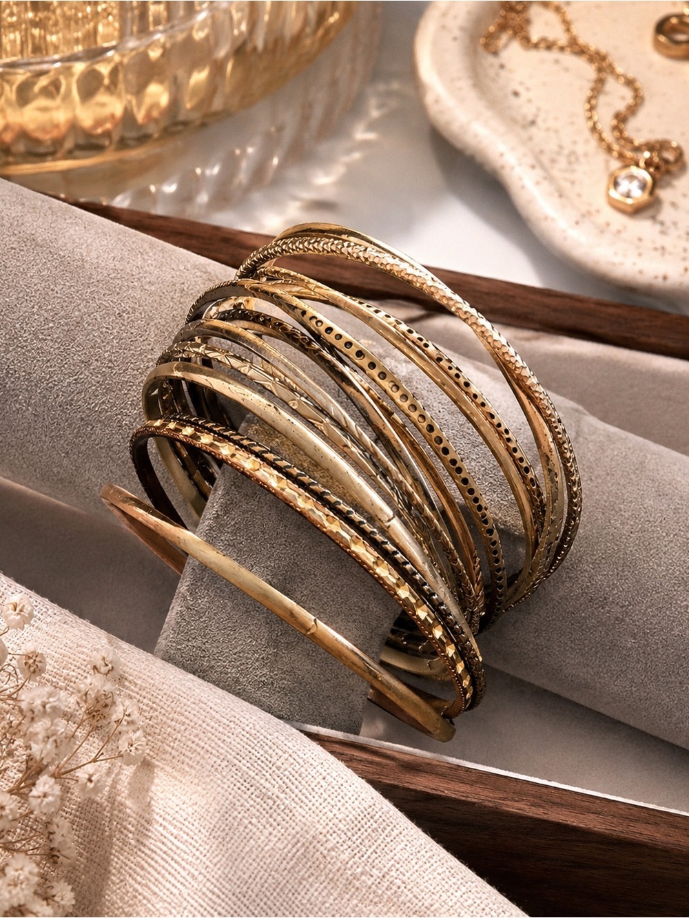 Set of 13 Gold Tone Bangle Bracelets | Textured Stackable Bundle